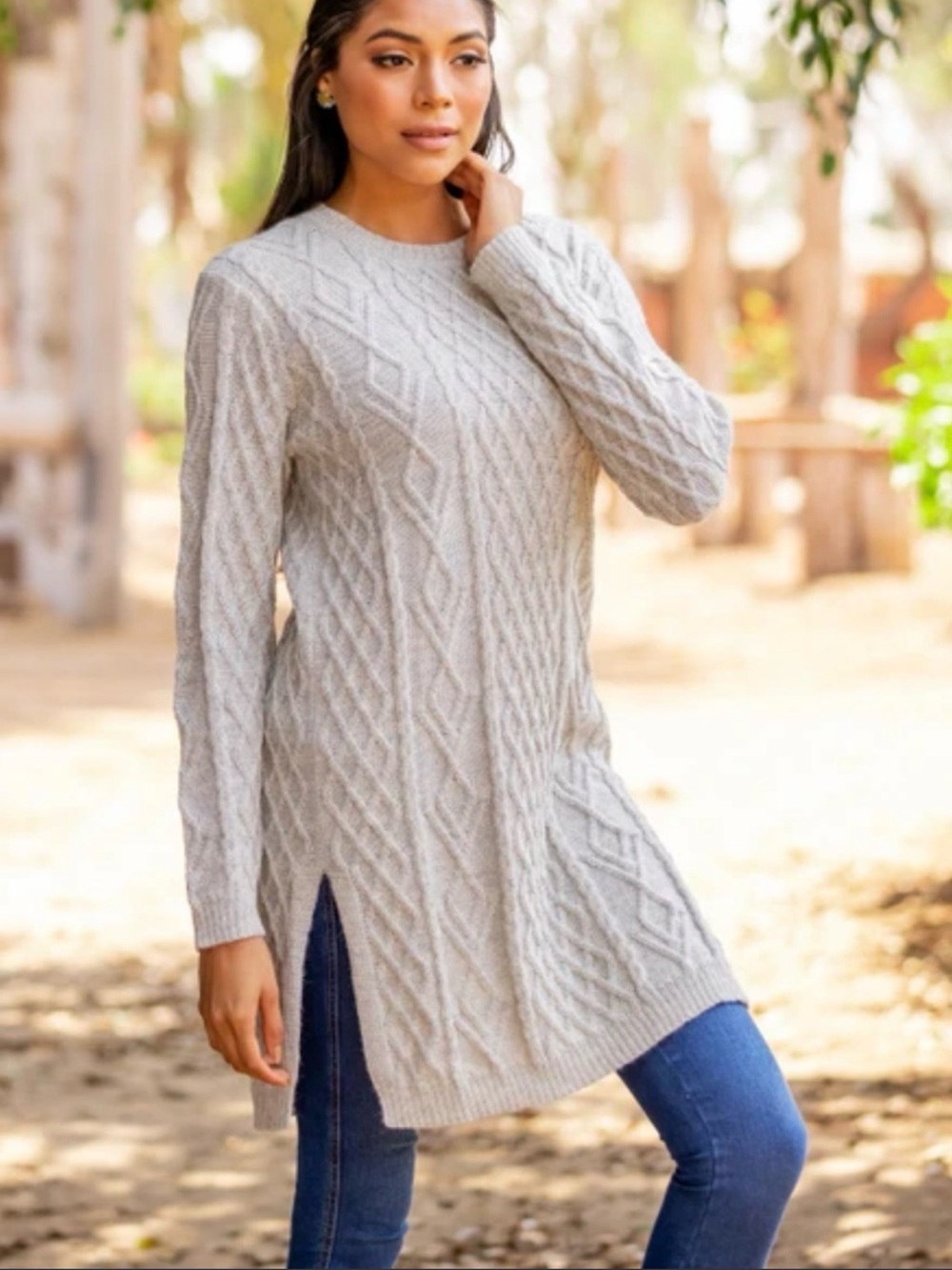 NOVICA 100% Baby Alpaca Grey Cable Knit Fisherman Sweater Dress - Small/Medium
